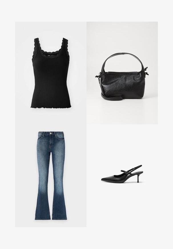 Débardeur noir à côtes avec des garnitures en dentelle au niveau du col et des épaules, présentant un ourlet en feston et un design ajusté, fabriqué en tissu extensible.; Jean flare en denim bleu avec une taille mi-haute, finition délavée et design traditionnel à cinq poches. Texture douce et détails de coutures subtils.; Talons aiguilles noires en cuir avec un bout pointu, une fine bride réglable, et un talon aiguille d'environ 5 cm, texture lisse.; Sac à main en cuir noir au design structuré, avec une poignée arrondie et une bandoulière amovible. Présente une texture lisse et un éclat subtil.