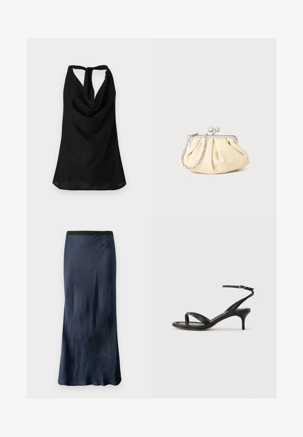 Top noir sans manches avec un décolleté drapé, un dos nu avec une fermeture à lien, et une silhouette fluide. Fabriqué en tissu léger.; Jupe A-ligne marine en satin lisse avec une taille élastique noire. Présente un léger éclat et un design longueur sol.; Sandale pour femme en cuir noir avec fines lanières, une boucle d'orteil, une boucle à la cheville et un talon aiguille de hauteur moyenne sur un fond neutre.; Pochette en cuir beige plissé avec un cadre en métal argenté, dotée de deux fermoirs ronds décoratifs et d'une chaîne en argent.