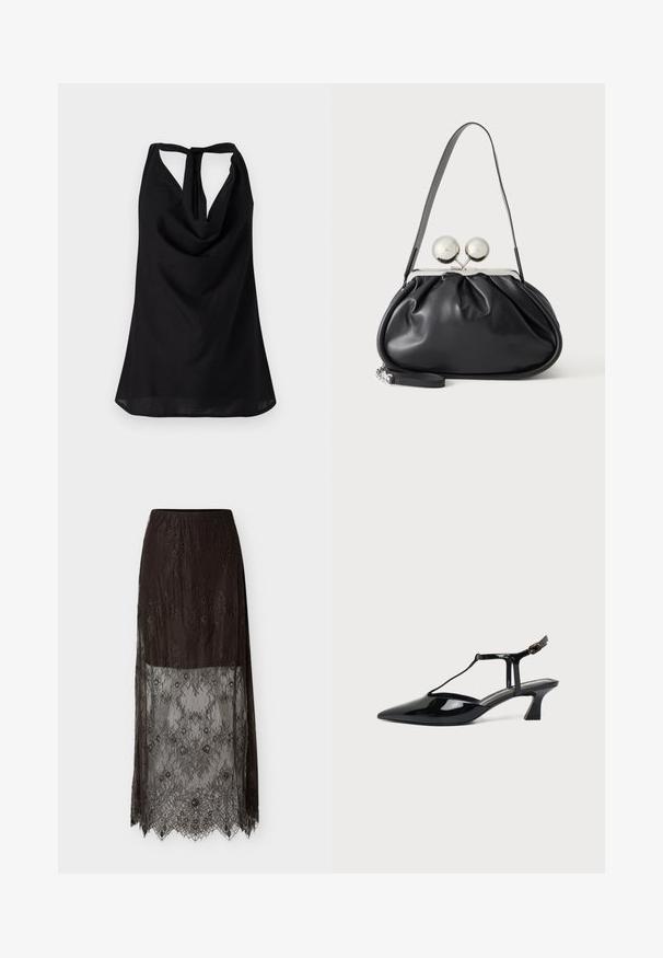 Top noir sans manches avec un décolleté drapé, un dos nu avec une fermeture à lien, et une silhouette fluide. Fabriqué en tissu léger.; Jupe midi noire avec superposition en dentelle florale, doublure unie s'arrêtant au milieu de la cuisse et dentelle transparente s'étendant jusqu'à l'ourlet avec bords festonnés.; Chaussure slingback en cuir verni noir à bout pointu avec bride en T et petit talon bloc incliné sur fond blanc.; Sac à main en cuir noir avec un design plissé, une sangle unique, un cadre métallique argenté et deux grandes fermoirs ronds en argent.