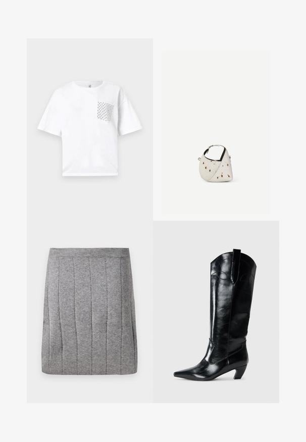 Camiseta de algodón blanca de manga corta con un bolsillo cuadrado adornado con detalles de tachuelas plateadas en el lado izquierdo. Corte relajado y diseño sencillo.; Object OBJTHESS - Minifalda - medium grey; Botas de cuero negras hasta la rodilla con punta afilada, tacón bajo y detalle de costura decorativa en los laterales. Acabado suave y brillante.; Pequeño bolso blanco con manchas marrones, forma triangular redondeada, forro interior negro y correa corta ajustable con hebilla plateada.