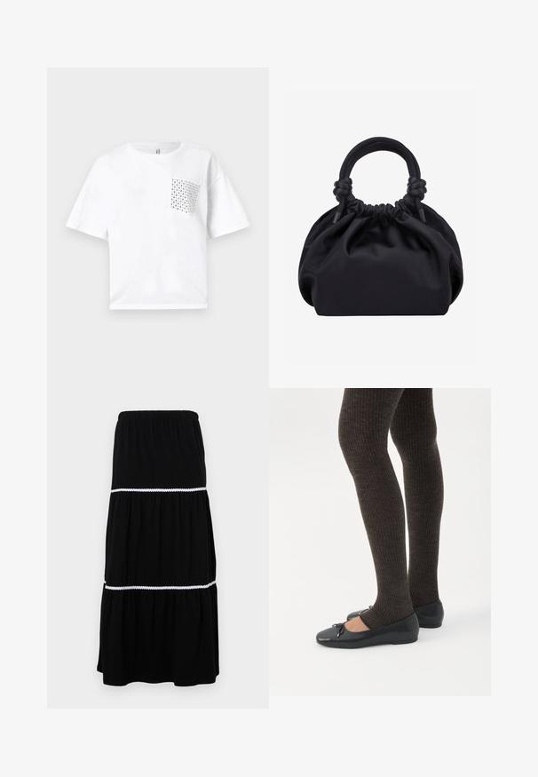 Camiseta de algodón blanca de manga corta con un bolsillo cuadrado adornado con detalles de tachuelas plateadas en el lado izquierdo. Corte relajado y diseño sencillo.; Falda maxi negra en capas hecha de tela suave; cuenta con una cintura elástica y un borde blanco con forma de concha entre las capas para un detalle adicional.; Piernas con leggings oscuros acanalados combinados con bailarinas negras que presentan pequeños detalles de lazo sobre un fondo blanco.; Bolso de mano de tela negra suave con parte superior fruncida y asas acolchadas circulares atadas con nudos a cada lado.