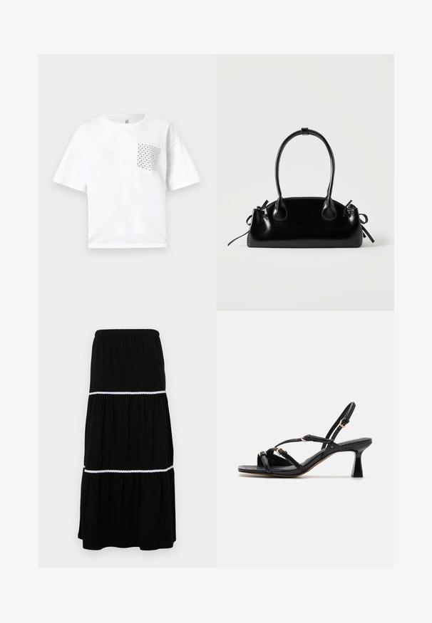 Camiseta de algodón blanca de manga corta con un bolsillo cuadrado adornado con detalles de tachuelas plateadas en el lado izquierdo. Corte relajado y diseño sencillo.; Falda maxi negra en capas hecha de tela suave; cuenta con una cintura elástica y un borde blanco con forma de concha entre las capas para un detalle adicional.; Call it Spring DIANAH - Sandalias - black; Pequeño bolso negro brillante con dos asas largas y detalles de cordón lateral sobre un fondo claro liso.