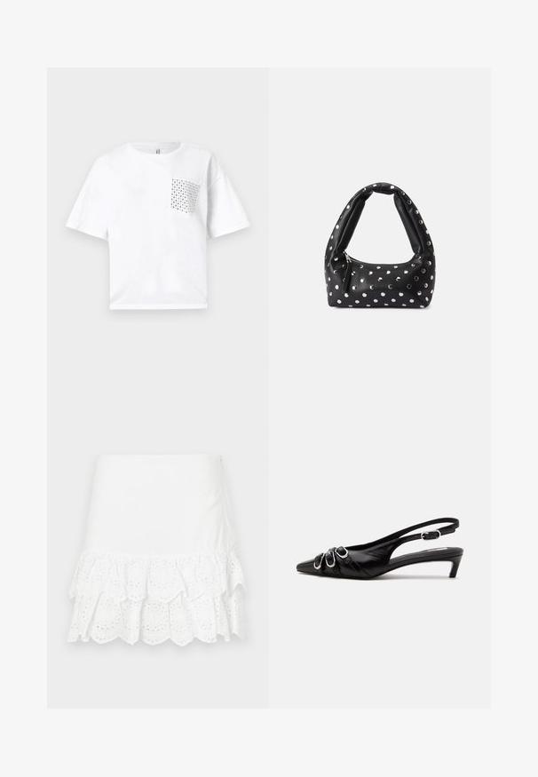 Camiseta de algodón blanca de manga corta con un bolsillo cuadrado adornado con detalles de tachuelas plateadas en el lado izquierdo. Corte relajado y diseño sencillo.; Falda blanca de algodón con un diseño de volantes en capas y bordado de ojales en el dobladillo. Textura suave, por encima de la rodilla.; Zapato slingback de cuero negro con punta puntiaguda, tres hebillas plateadas en la parte delantera y tacón bajo tipo «kitten» sobre fondo blanco.; Bolso de cuero negro con un asa curva, adornado con puntos plateados y un cierre de cremallera en un lado.