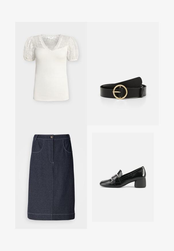 Haut blanc en maille côtelée avec encolure en V en dentelle florale, manches courtes bouffantes en dentelle, poignets élastiqués et silhouette ajustée.; Jupe en jean foncé avec un motif subtil de petits pois blancs, poches avant, fermeture à bouton doré et surpiqûres blanches le long de l'ourlet.; Chaussures basses en cuir noir à bout pointu, dotées d'une boucle décorative et d'une finition texturée sur la tige avec un talon lisse.; Ceinture en cuir noir avec une boucle ronde en or. La sangle est lisse, plate et présente un design minimaliste sans motifs visibles.