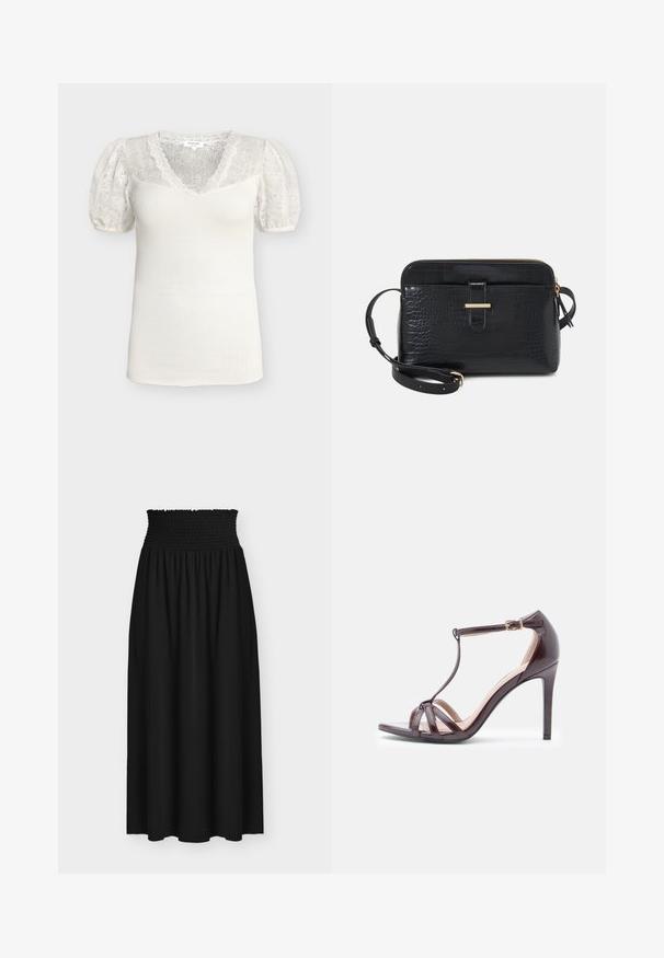 Haut blanc en maille côtelée avec encolure en V en dentelle florale, manches courtes bouffantes en dentelle, poignets élastiqués et silhouette ajustée.; Jupe maxi noire avec large ceinture élastique smockée et tissu fluide sous la taille.; Sandale à talons hauts en cuir verni marron avec un design à T, bout ouvert et boucle réglable. Présente des sangles en croix sur le devant.; Sac en cuir noir avec motif crocodile et accents en métal doré. Doté d'une fermeture éclair sur le dessus et d'une bandoulière amovible.