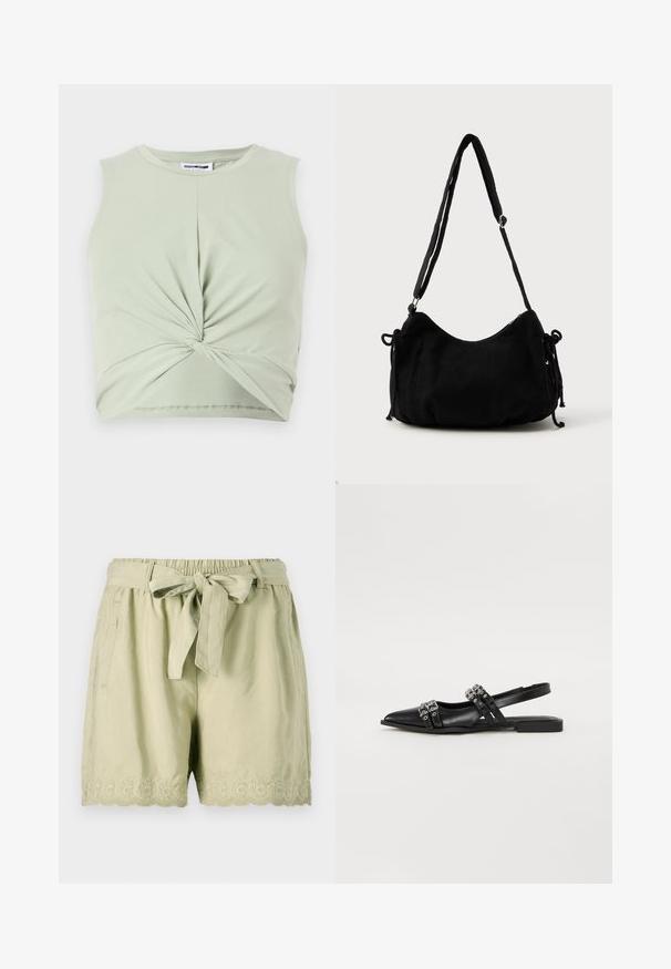 Haut sans manches vert clair en matériau doux, présentant un détail noué à l'avant et une coupe ajustée. Texture lisse, encolure ronde.; Shorts vert clair en tissu doux, dotés d'une taille élastique, d'une ceinture nouée, de poches latérales et d'une broderie festonnée complexe au bas.; Even&Odd by Zalando Ballerines à brides arrière - black; Sac à épaule en velours côtelé noir avec une forme courbée, bandoulière réglable et fermetures à cordon des deux côtés pour un ajustement de taille.