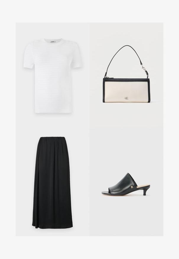 T-shirt blanc à manches courtes en tissu texturé avec un motif côtelé. Le design comprend un col rond et une coupe droite.; Jupe maxi noire avec une ceinture élastique, fabriquée dans un tissu lisse et léger. Caractérisée par une silhouette fluide et aucun motif visible.; Mules ouverts en cuir noir avec un talon bas. Présentent une surface lisse et un accent logo doré sur le côté.; Pochette rectangulaire crème avec bordure et poignée noires, ornée d'un petit logo "cK" argenté au centre devant.