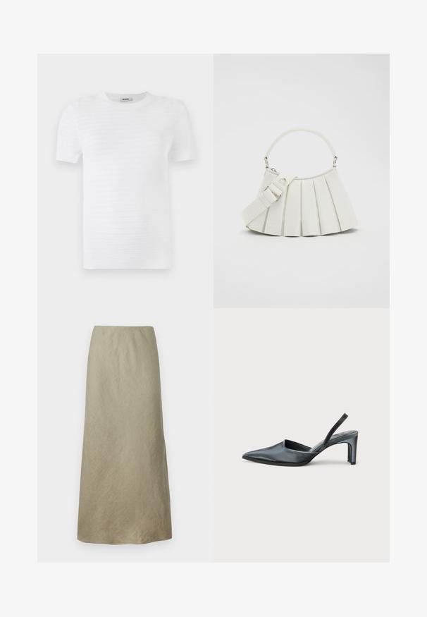 T-shirt blanc à manches courtes en tissu texturé avec un motif côtelé. Le design comprend un col rond et une coupe droite.; Jupe évasée à longueur genou en tissu vert olive doux avec une texture subtile et sans fermetures ni embellissements visibles.; Escarpin noir à bride arrière avec un bout pointu, une finition satinée élégante et un talon fin de 7,5 cm. Design latéral ouvert avec des détails de couture minimalistes.; Lacoste LENGLEN BAG - Sac à main - cristalline