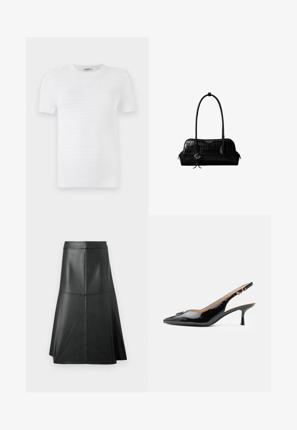 T-shirt blanc à manches courtes en tissu texturé avec un motif côtelé. Le design comprend un col rond et une coupe droite.; Jupe trapèze en cuir noir, texture lisse, longueur mi-mollet, avec des détails de couture horizontale à la taille et aux coutures pour un maintien supplémentaire.; Escarpin slingback en cuir verni noir avec bout pointu, petit talon kitten et bride à boucle argentée sur fond blanc uni.; Sac à épaule en cuir noir à texture crocodile, avec de longues sangles et un petit charm logo argenté sur une sangle.