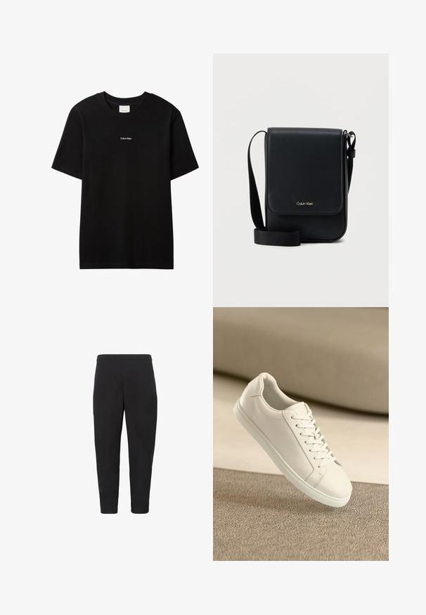 Must puuvillane t-särk ümarselguse ja lühikeste varrukatega. Esiküljel väike valge "Calvin Klein" logo. Sile, klassikalise lõikega.; Mustad kitsenevad püksid elastse vööjoonega, küljetaskute ja pahkluumõõdulise lõikega, esitletud valgel taustal.; Valge nahast tenniseking valgete paeltega, esitatud beežil tekstureeritud pinnal ja pehmelt häguses taustal.; Must Calvin Kleini õlakott klapiga, reguleeritava rihmaga ja väikese kuldse logoga ees, valge ühevärvilise tausta taustal.