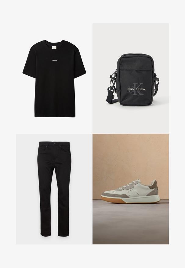 Čierne bavlnené tričko s okrúhlym výstrihom a krátkymi rukávmi. Na prednej strane má malé biele logo „Calvin Klein“. Hladký, klasický strih.; Čierne džínsové nohavice z denimu so strihom rovného strihu, so zapínaním na zips, piatimi vreckami a jemnou textúrou. Bez viditeľných vzorov alebo kovových doplnkov.; Biela a béžová teniska s bielymi šnúrkami a gumovou podrážkou, ktorá visí nad béžovým kobercom pred béžovou pohovkou.; Čierna látková crossbody taška so zipsovým uzáverom, nastaviteľným popruhom a vyrazeným logom "Calvin Klein" na prednej strane. Kompaktný obdĺžnikový tvar.