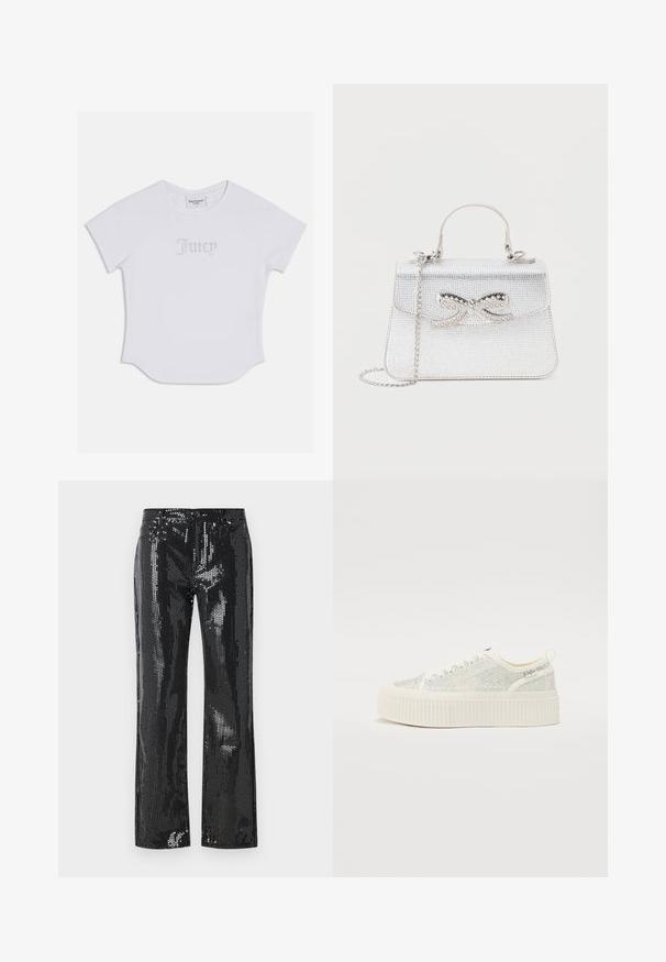 Hvid T-shirt med korte ærmer og rund kant, med "Juicy" i krystal dekorationer på fronten. Blødt bomuldsstof.; Sorte pailletbukser med et tætsiddende design og en flagrende benform. Stoffet har en skinnende tekstur med et mønster af små, reflekterende skiver.; Hvide platformsko med en tekstureret overdel, der har iriserende accenter og en tyk ribbet sål. Snørebånd og en trækstrop bagpå.; Lille sølvhåndtaske med top håndtag, kæderem og dekorativ sløjfe med rhinsten på frontklappen.