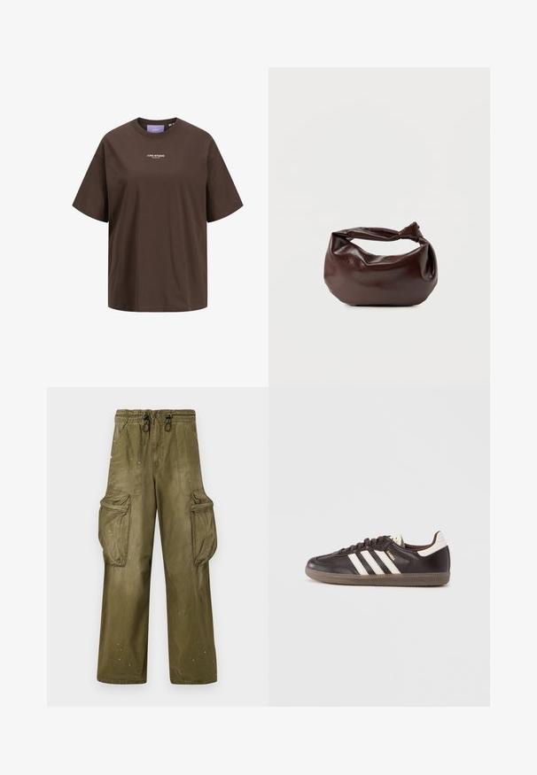 Braunes T-Shirt mit kurzen Ärmeln und Rundhalsausschnitt, mit weißem "JJXX STUDIO"-Logo mittig auf der Brust.; Olivgrüne Cargo-Hosen mit lässiger Passform, elastischem Bund, Kordelzug, zwei seitlichen Taschen und zwei großen Cargo-Taschen. Leichte Abnutzung.; Dunkelbraune Ledersneaker mit weißem Drei-Streifen-Design, einer Gummisohle und dem Schriftzug "Samba" in goldener Schrift an der Seite. Klassische, niedrige Form.; Dunkelbraune Lederschultertasche mit weicher, lockerer Form und einem gedrehten Knotengriff vor schlichtem weißem Hintergrund.