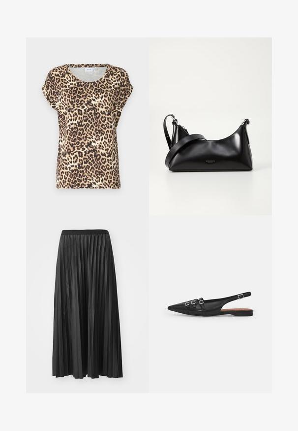 Leopardmønster kortærmet top i beige og brun, med en rund halsudskæring og afslappet pasform. Stoffet ser glat og let ud.; Sort plisseret maxiskørt med en glat tekstur og elastisk talje, der har lodrette folder som skaber volumen og bevægelse.; Sort læderslyngeflad sko med spids tå, der har to vandrette stropper og firkantede sølvspænder, lav hæl og glat tekstur.; Sort læderhåndtaske med en glat tekstur. Har en justerbar stropp og et enkelt, minimalistisk design med lynlås.