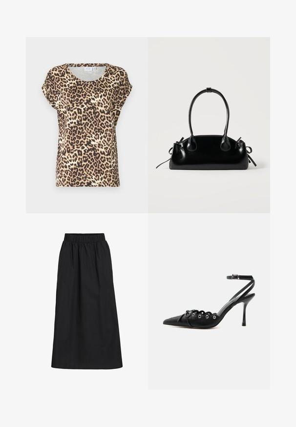 Leopardmønster kortærmet top i beige og brun, med en rund halsudskæring og afslappet pasform. Stoffet ser glat og let ud.; Sort knælang nederdel lavet af blød, letvægtig stof. Har en elastisk talje og et simpelt, flydende design uden udsmykninger.; Sort spids hæl med bølgede kanter, metaløjer, snørelukning foran og ankelrem med spænde.; Lille sort blank håndtaske med to lange håndtag og snøre-detaljer i siden på en ensfarvet lys baggrund.