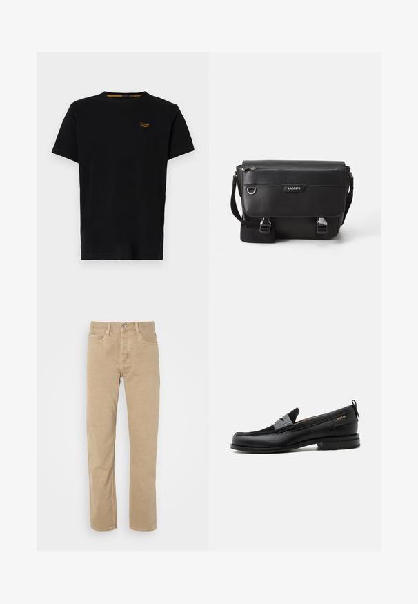 Schwarzes Baumwoll-T-Shirt mit kurzen Ärmeln, Rundhalsausschnitt und einem kleinen, kontrastierenden gelben Markenpatch auf der linken Brustseite.; Beige Baumwollhose mit geradem Bein, ausgestattet mit Fronttaschen, einem Knopfverschluss und dezenten Nähten entlang der Säume.; Schwarzer Lederloafer mit grauem Riemendetail, niedrigem Absatz und strukturierter Sohle, seitlich mit „HUGO“ in Gold gebrandmarkt.; Schwarze, strukturierte Lacoste-Umhängetasche mit verstellbarem Tragegurt, Frontklappe, Reißverschlusstasche und Metallschnallen.