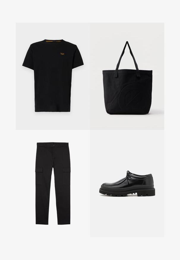 Schwarzes Baumwoll-T-Shirt mit kurzen Ärmeln, Rundhalsausschnitt und einem kleinen, kontrastierenden gelben Markenpatch auf der linken Brustseite.; Schwarze Cargo-Hose mit geradem Bein, seitlichen Klappentaschen, vorderem Knopf, Gürtelschlaufen und sauberem, minimalistischem Design.; Schwarze Leder-Derby-Schuhe mit einem eleganten Design, runder Zehenpartie und rutschfester Gummisohle mit tiefen Rillen für besseren Halt.; Schwarze Canvas-Shopper-Tasche mit zwei Schulterriemen und einem dezenten, eingeprägten kreisförmigen Design auf der Vorderseite.