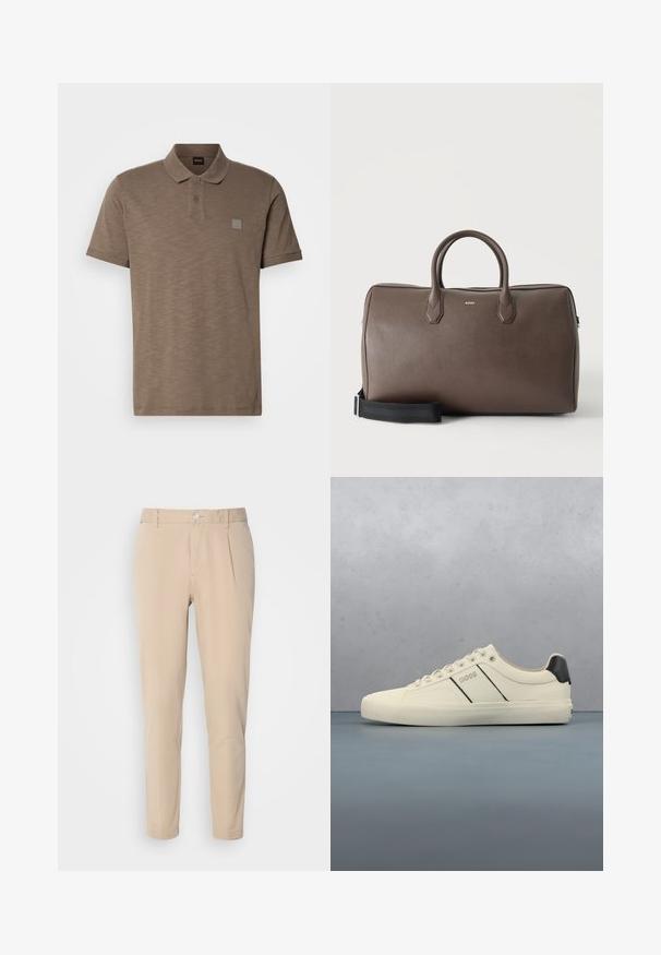Camisa polo marrón hecha de tela texturizada, con un cuello de dos botones y un discreto parche del logo en el lado izquierdo del pecho. Incluye mangas cortas.; Pantalones beige de corte slim, hechos de material tejido. Presentan un cierre de botón único, frente con pliegues y piernas rectas.; Zapatillas de color crema con una textura suave, que presentan acentos y marcas en negro. Diseño clásico de cordones con punta redonda y suela de goma.; Bolsa de lona marrón de cuero con dos asas, una correa de hombro negra ajustable y un pequeño logo "BOSS" en el centro frontal.