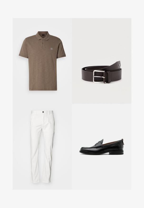 Polo marron en tissu texturé, doté d'une patte de boutonnage à deux boutons et d'un discret écusson logo sur la poitrine gauche. Manches courtes incluses.; Pantalon en coton blanc avec une coupe droite, doté d'une fermeture à bouton et de poches, texture lisse et style minimaliste.; Mocassin homme en cuir noir avec couture moc toe, bride penny, col texturé et petit talon empilé sur fond blanc.; Ceinture en cuir marron avec une finition lisse, équipée d'une boucle rectangulaire en métal argenté et d'un détail de couture contrastante.