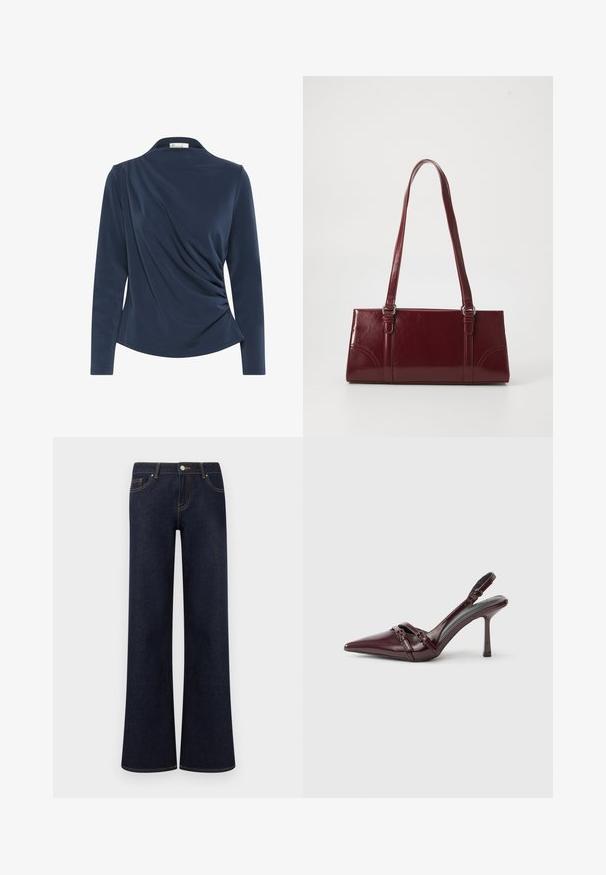 Haut à manches longues bleu marine avec un col, comportant un tissu froncé à l'avant et une texture lisse sur l'ensemble.; Jean en denim bleu foncé à jambes larges avec poches avant, fermeture par bouton et fermeture éclair, et coutures contrastantes visibles.; Escarpin slingback en cuir verni bordeaux avec bout pointu, fine bride à la cheville et petit détail décoratif de boucle. Texture lisse et talon haut.; Sac à main bordeaux en matériau brillant, de forme rectangulaire, avec deux anses et des accents légèrement courbés à l'avant.