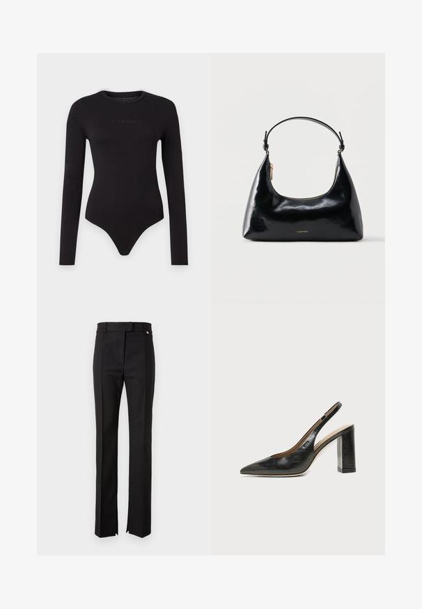 Zwarte lange mouwen bodysuit van zacht materiaal, met een ronde hals en een tekstuur op de voorkant met het "Guess Jeans" logo.; Zwarte op maat gemaakte broek met een rechte pijp, voorzien van een tailleband met een knoopsluiting en zijopeningen aan de onderkant.; Zwarte leren slingback schoen met spits toelopend neusje, hoge blokhak en beige binnenvoering tegen een effen lichte achtergrond.; Zwarte glanzende Calvin Klein handtas met gouden rits en korte band tegen een effen witte achtergrond.