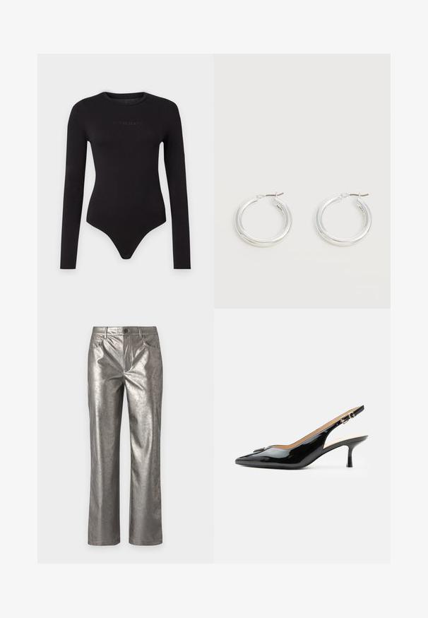 Zwarte lange mouwen bodysuit van zacht materiaal, met een ronde hals en een tekstuur op de voorkant met het "Guess Jeans" logo.; Metalen zilveren broek met een rechte snit, vijf zakken en een knoopsluiting. Gladde textuur met een subtiele glans en een minimalistisch ontwerp.; Zwarte lakleren slingback hak met spitse neus, kleine kittenhak en zilveren gespsluiting op een effen witte achtergrond.; Een paar middelgrote glanzende zilveren oorringen met dunne metalen sluitingen op een lichte neutrale achtergrond.