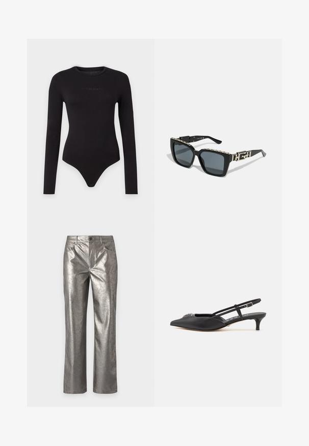 Schwarzer Langarm-Body aus weichem Stoff, mit rundem Ausschnitt und einem strukturierten "Guess Jeans"-Logo auf der Vorderseite.; Metallic silberne Hose im geraden Schnitt, mit fünf Taschen und einem Knopfverschluss. Glatte Textur mit einem subtilen Glanz und minimalistischer Gestaltung.; Schwarze Slingback-Schuhe mit einer spitzen Zehe, aus glattem Material gefertigt, mit einem kleinen Absatz und einem dekorativen silbernen Akzent auf dem Blatt.; Schwarze rechteckige Sonnenbrillen mit dunklen Gläsern und einem dicken Rahmen. Die Seiten haben ein metallisches Kettendesign mit goldenen Akzenten.
