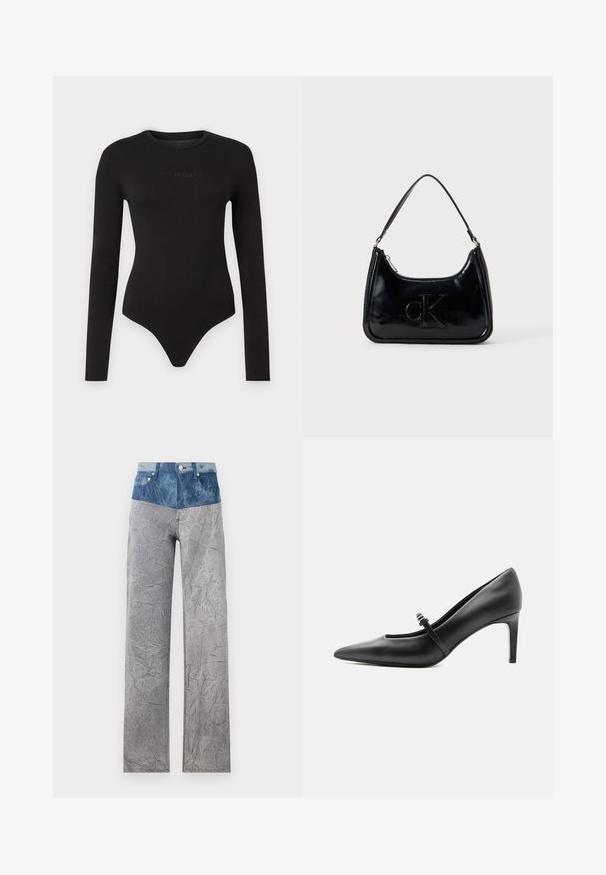 Zwarte lange mouwen bodysuit van zacht materiaal, met een ronde hals en een tekstuur op de voorkant met het "Guess Jeans" logo.; Denim broek met een hoge, lichtblauwe tailleband die overgaat in een gekreukeld grijs zak. Bevat standaardzakken en knoopsluitingen.; Zwarte leren pumps met puntige neus, dunne riem en gesp over de wreef, staand op een neutrale lichte achtergrond.; Zwarte gepatenteerde leren handtas met een gebogen bovenhandgreep, ritsafsluiting en reliëf "cK" logo aan de voorkant. Gladde textuur, gestructureerde vorm.