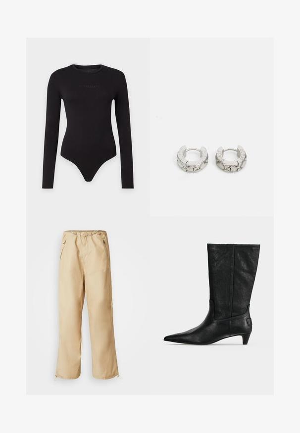 Sort langærmet bodysuit lavet af blødt stof, med rund hals og en struktureret "Guess Jeans" logo på forsiden.; Beige, lette bukser med snor i taljen, sidelommer med lynlås og elastiske manchetter. Glat tekstur, lige ben-design.; Sort læderstøvle midt på læggen med spids tå og lav kittenhæl vist i sideprofil på grå baggrund.; Guess STYLISH - Øreringe - silver-coloured