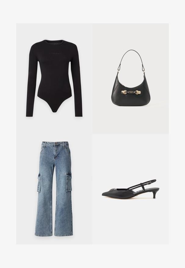 Zwarte lange mouwen bodysuit van zacht materiaal, met een ronde hals en een tekstuur op de voorkant met het "Guess Jeans" logo.; Brede blauwe denim cargo broeken met zijzakken, een knoopsluiting en riemlussen. De stof heeft een lichte wassing met subtiele vervaging.; Zwarte slingback schoenen met een puntige neus, gemaakt van glad materiaal, met een kleine hak en een decoratieve zilverkleurige accent op de wreef.; Zwarte leren handtas met een gebogen silhouet, voorzien van een bovenhandgreep, gouden hardware en een logo-plaatje aan de voorkant. Gladde textuur.