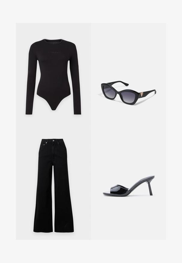 Sort langærmet bodysuit lavet af blødt stof, med rund hals og en struktureret "Guess Jeans" logo på forsiden.; Sorte jeans med vide ben lavet af denim, med høj talje, fem lommer, knaplukning foran og minimal syning.; Sorte laklæder sandaletter med åben tå, der har et buet overdesign og en spids stilethæl. Glat, blank finish.; Guess Solbriller - shiny black