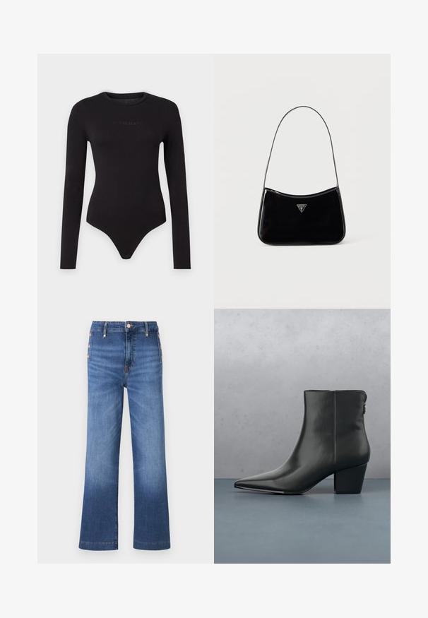 Zwarte lange mouwen bodysuit van zacht materiaal, met een ronde hals en een tekstuur op de voorkant met het "Guess Jeans" logo.; Blauwe jeans met wijde pijpen, zijdezijdige knoopdetails en een hoge taille.; Zwarte lederen enkellaars met een spitse neus en een gematigde hak, met een gladde textuur en minimale details, geplaatst tegen een gewaxt achtergrond.; Zwarte schoudertas van lakleer met een smalle band, driehoekig Guess-logo aan de voorkant en een ritssluiting bovenaan.