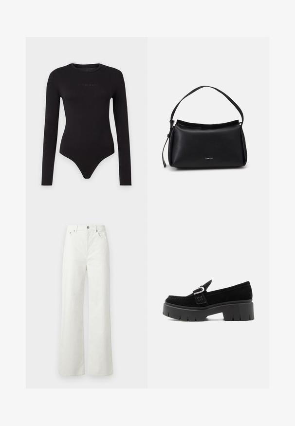 Schwarzer Langarm-Body aus weichem Stoff, mit rundem Ausschnitt und einem strukturierten "Guess Jeans"-Logo auf der Vorderseite.; Samsøe Samsøe SHELLY - Jeans Relaxed Fit - clear cream; Schwarzer Wildleder-Slipper mit klobiger Profilsohle, silberner Schnallendetail und geprägtem "HUGO" auf dem seitlichen Riemen, dargestellt von der Außenseite.; Schwarze Lederhandtasche mit geschwungener Form, einem einzigen Tragegurt und einem oberen Reißverschluss. Verfügt über ein dezentes Logo auf der Vorderseite zur Markenidentifikation.