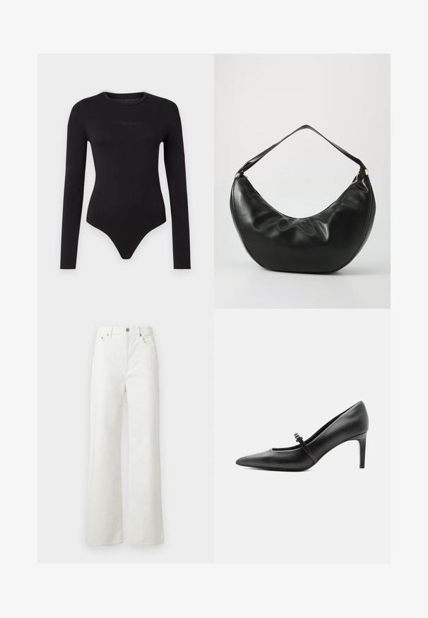 Sort langærmet bodysuit lavet af blødt stof, med rund hals og en struktureret "Guess Jeans" logo på forsiden.; Samsøe Samsøe SHELLY - Jeans Relaxed Fit - clear cream; Sort læderspids højhælede sko med tynd rem og spænde over vristen, stående på en neutral lys baggrund.; Sort læder skuldertaske med en buet form, blød tekstur og en enkelt rem; har en guldbeslået lynlås og diskret branding.