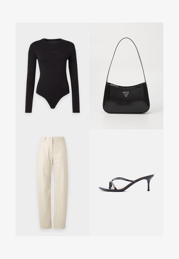 Musta pitkähihainen bodysuit, joka on valmistettu pehmeästä kankaasta. Siinä on pyöreä pääntie ja etupuolella tekstuurinen "Guess Jeans" -logo.; Beige suorat housut, joissa on nappi- ja vetoketjukiinnitys, vyölenkit ja sivutaskut, yksinkertaisella valkoisella taustalla.; Musta kiiltävä nahkainen korkokenkä, jossa ohuet ristikkäiset hihnat ja kapea, keskipitkä piikkikorko valkoisella taustalla.; Mustan lakatun nahka olkalaukku kaarevalla muodolla, jossa on hopeinen kolmion logo ja vetoketjusuljenta. Tasainen pinta ja kapea hihna.