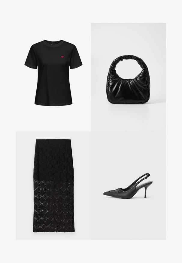 Schwarzes Baumwoll-T-Shirt mit Rundhalsausschnitt, kurzen Ärmeln und einem kleinen roten Herzen, das im linken Brustbereich gestickt ist.; Schwarzer Spitzen-Bleistiftrock mit floralem und geometrischem Muster, durchscheinendem unteren Teil, geradem Saum, flach auf weißem Hintergrund präsentiert.; Schwarzer Leder-Slingback-Stiletto mit spitzem Zehenaufsatz, seitlichem Schnallenriemen, Nieten entlang der Kante und dekorativer Schnürung vorne.; Schwarze gepolsterte Handtasche mit einem runden Griff, die eine glatte, glänzende Oberfläche und eine weiche, gestepfte Textur aufweist. Keine sichtbare Hardware oder Akzente.
