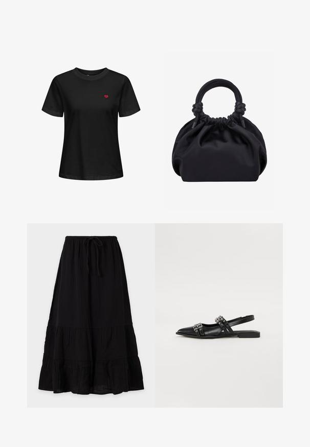 Schwarzes Baumwoll-T-Shirt mit Rundhalsausschnitt, kurzen Ärmeln und einem kleinen roten Herzen, das im linken Brustbereich gestickt ist.; Schwarzer, knöchellanger Rock mit lockerem Schnitt, elastischem Bund mit Kordelzug und stufigem Rüschen-Design, auf schlichtem Hintergrund dargestellt.; Even&Odd Sling-Ballerina - black; Schwarze weiche Stoffhandtasche mit gerafftem oberen Teil und abgerundeten, am Ansatz verknoteten Griffen, vor einem schlichten hellen Hintergrund.