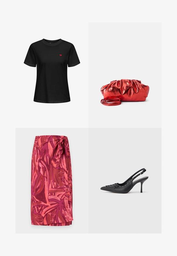 Camiseta de algodón negra con cuello redondo, mangas cortas y un pequeño corazón rojo bordado en la parte izquierda del pecho.; Falda cruzada con patrón floral abstracto en tonos rosa y rojo, anudada en la cintura, de longitud midi.; Sandal de tacón stiletto negro de cuero con punta afilada, correa lateral con hebilla, tachuelas a lo largo del borde y cordones decorativos en la parte delantera.; Bolso de mano metálico rojo con un diseño arrugado y esponjoso. Presenta una correa de hombro larga y delgada, y una textura suave y brillante.