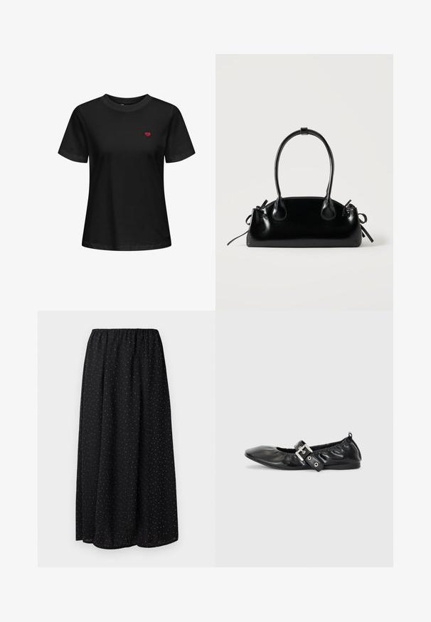 Schwarzes Baumwoll-T-Shirt mit Rundhalsausschnitt, kurzen Ärmeln und einem kleinen roten Herzen, das im linken Brustbereich gestickt ist.; Schwarzer Rock aus leichtem Stoff mit einem gerafften Bund. Er hat ein Muster aus kleinen weißen Punkten auf dem gesamten Stoff.; Schwarze Leder-Ballerinas mit spitzem Zehenbereich, gerafften Details am Schaft und einem silbernen Schnallenakzent am verstellbaren Riemen.; Kleine schwarze glänzende Handtasche mit zwei langen Griffen und seitlichen Kordelzug-Details vor einfachem hellem Hintergrund.