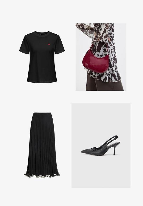 T-shirt en coton noir avec col rond, manches courtes et un petit cœur rouge brodé sur la zone gauche de la poitrine.; Jupe maxi plissée noire en tissu léger avec un design fluide. Comprend un ourlet volanté et une taille élastique pour le confort.; Escarpin en cuir noir à talon aiguille avec un bout pointu, une bride latérale à boucle, des clous le long du bord et un laçage décoratif à l'avant.; Femme portant un chemisier à motif noir et blanc tenant un sac à main rouge brillant sur un fond uni.