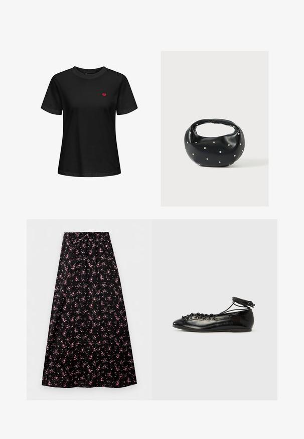 Zwarte katoenen t-shirt met een ronde hals, korte mouwen en een klein rood hart borduursel op de linkerborst.; Zwarte A-lijn rok met elastische tailleband, met een klein roze bloemenpatroon gelijkmatig verdeeld over de stof.; Zwarte ballerina's van lakleer met een afgeronde neus, veterdesign en een platte zool. Glad oppervlak met minimale details.; Zwarte leren handtas met een afgeronde vorm, versierd met zilveren studs, en een korte handgreep. Gladde textuur en ritsluiting.