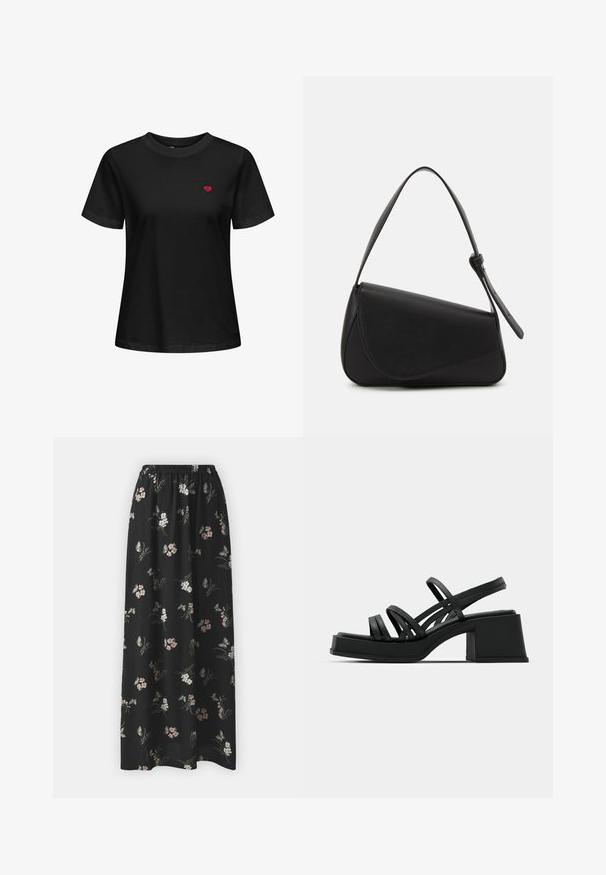 Sort bomulds-t-shirt med rund hals, korte ærmer og et lille rødt hjerte broderet på venstre brystområde.; Vero Moda Tall VMEASY SKIRT - Maxinederdele - black; Sorte hælede sandaler med flere tynde stropper og en bred blokhæl. Slank design med en mat overflade. Sålens fodbed har en let kurve.; Sort læderhåndtaske med en triangular form, skrå klap og et rundt håndtag. Har en glat overflade og minimalistiske design detaljer.