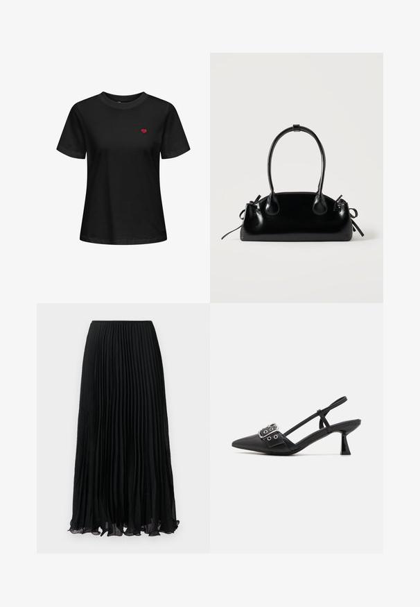 T-shirt en coton noir avec col rond, manches courtes et un petit cœur rouge brodé sur la zone gauche de la poitrine.; Jupe midi plissée noire en tissu transparent avec taille élastique, présentée à plat sur un fond blanc.; Simmi London DALA - Escarpins - black; Petit sac à main noir brillant avec deux longues anses et des détails à cordon sur les côtés sur un fond clair uni.