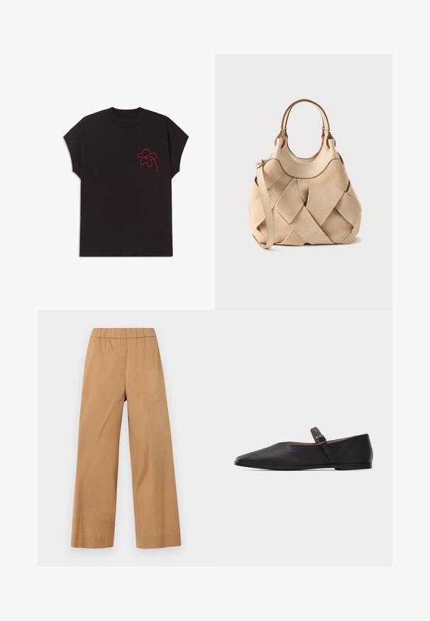 T-shirt noir à manches courtes avec un col rond ; présente un motif de fleur brodé rouge sur la partie gauche de la poitrine. Texture de tissu lisse.; Pantalon beige à jambes larges avec taille élastique, sans poches ni fermetures visibles, présenté sur un fond clair uni.; Chaussure Mary Jane plate en cuir noir avec bout pointu et bride réglable à boucle sur un fond gris uni.; Sac à main en daim beige avec un design tissé, des poignées supérieures rondes et une bandoulière amovible ; accents en cuir lisse en haut.