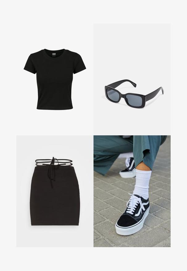 Camiseta negra de manga corta fabricada en algodón suave, con un cuello redondo y un corte ajustado. Sin patrones ni acentos visibles.; Noisy May NMCELESTE CHAIN DETAILS SKRIT - Minifalda - black; Zapatillas de ante negro con acentos y cordones blancos, que cuentan con una gruesa suela blanca y costuras en contraste, combinadas con un calcetín blanco.; Gafas de sol rectangulares negras con lentes oscuros, montura de plástico grueso y patillas anchas. Superficie lisa y diseño anguloso.