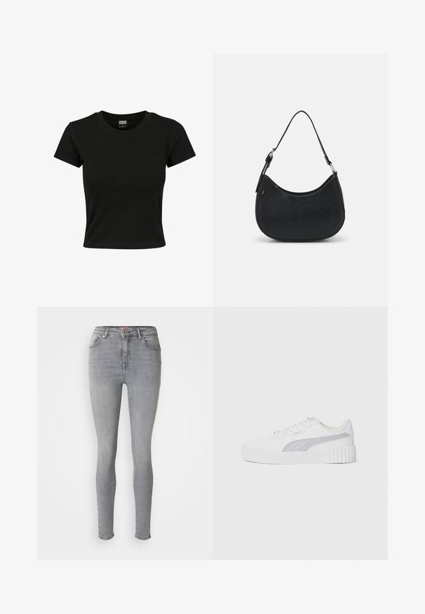 Camiseta negra de manga corta fabricada en algodón suave, con un cuello redondo y un corte ajustado. Sin patrones ni acentos visibles.; Jeans skinny de mezclilla gris con una textura suave, talle alto, diseño de cinco bolsillos y cierre de botón metálico en la parte delantera.; Zapatilla blanca con suela de goma texturizada, raya de acento gris, diseño de cordones y parte superior de sintético suave. Cuenta con un collar acolchado.; Bolso hobo negro hecho de cuero suave con una silueta curva, que cuenta con una sola correa ajustable y detalles de diseño minimalistas.