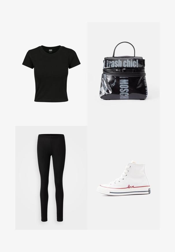 Camiseta negra de manga corta fabricada en algodón suave, con un cuello redondo y un corte ajustado. Sin patrones ni acentos visibles.; Leggings negros hechos de una tela suave y elástica. Tienen un ajuste ceñido con una cintura elástica y una textura suave y mate.; Zapatillas de lona blancas de caña alta con bordado rojo que dice "love", puntera de goma y cordones tonales. Presentan una franja roja y azul marino en la suela.; Mochila negra hecha de material brillante con texto plateado. Cuenta con un asa en la parte superior, cierre de cremallera y detalles de logotipo impresos.