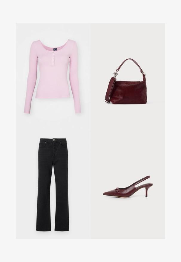 Rosa ribbet langærmet top med scoop halsudskæring og fem trykknapper foran. Glat tekstur med en tætsiddende design.; Sorte denim jeans med en flareben-design, fem lommer, en frontknaplukning og subtile syninger. Blød tekstur med minimal slitage.; Bourgogne læder slingback pumpe med spids tå, lav stilet hæl og lille knudedetalje foran, vist på ensfarvet baggrund.; Lille rektangulær burgunderfarvet håndtaske med tekstureret finish, kort hank og aftagelig skulderrem på en ensartet lys baggrund.