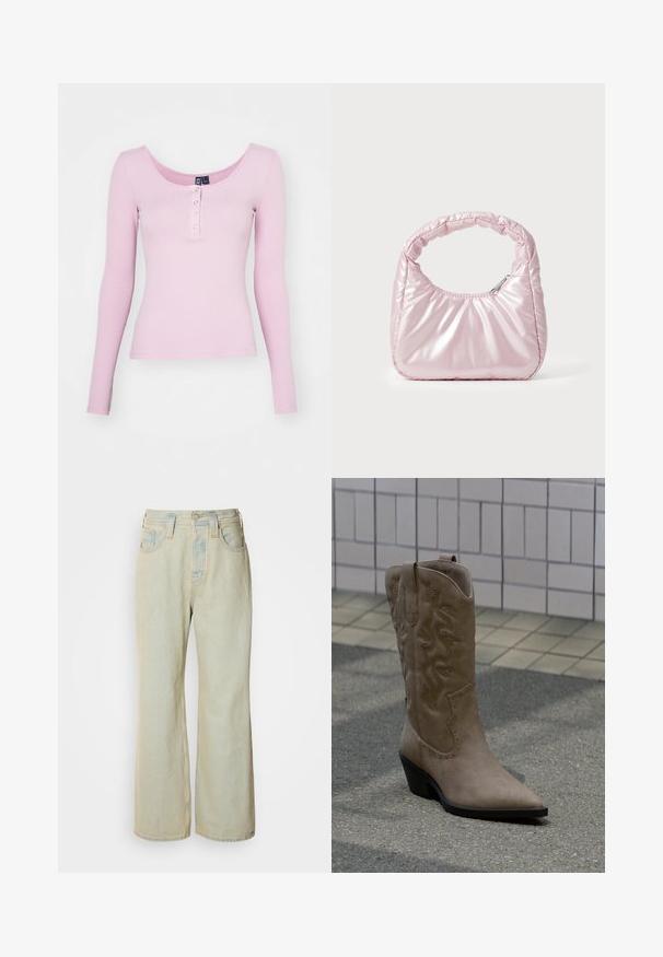 Rosa ribbet langærmet top med scoop halsudskæring og fem trykknapper foran. Glat tekstur med en tætsiddende design.; Lysblå, brede bukser i denim med høj talje, fem lommer og diskret falmning med kontraststikninger.; Høj, beige cowboystøvle i ruskind med dekorative syninger og nitteaccenter, med spids snude og skråsort hæl på fortovet.; Rosa, polstret håndtaske med afrundet design, lavet af skinnende materiale. Har et samlet håndtag og en lynlås til sikker adgang.