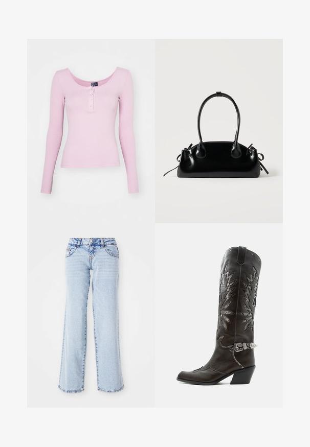 Rosa ribbet langærmet top med scoop halsudskæring og fem trykknapper foran. Glat tekstur med en tætsiddende design.; Lyseblå denimjeans med en afslappet pasform, lige ben og subtilt slid. Har fem lommer og bæltestropper. Distressed kantdetalje.; Sort læder cowboystøvle med dekorative udskæringer, sølvspænde og skrå hæl, vist på hvid baggrund.; Lille sort blank håndtaske med to lange håndtag og snøre-detaljer i siden på en ensfarvet lys baggrund.